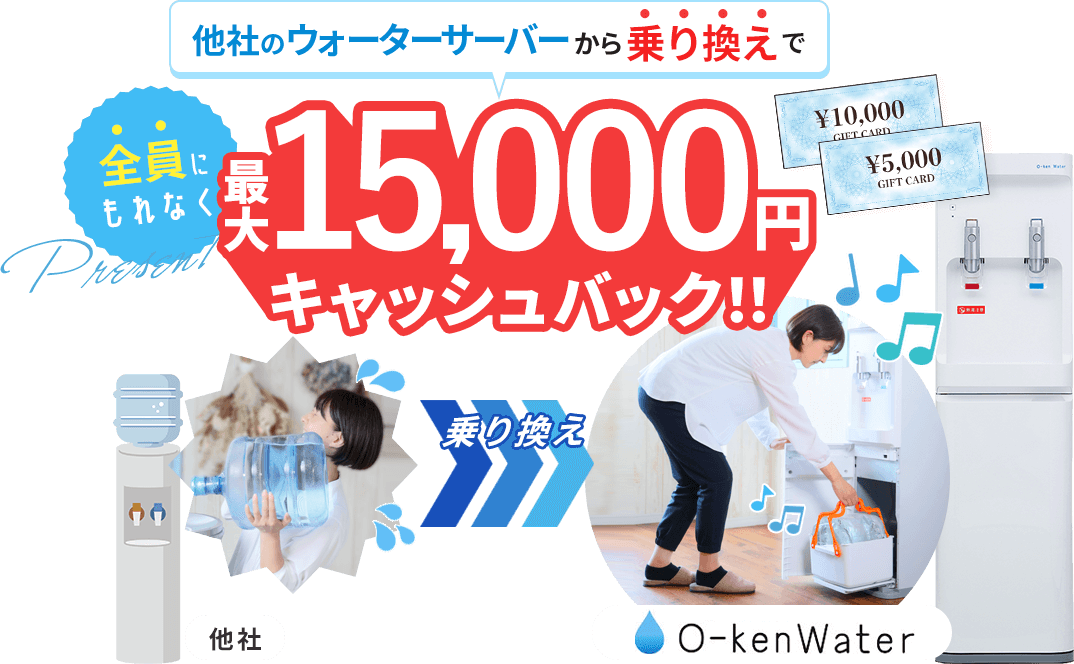 他社のウォーターサーバー乗り換えで最大15000円キャッシュバック